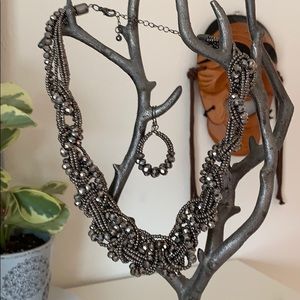 Graphite colored beaded necklace and earrings